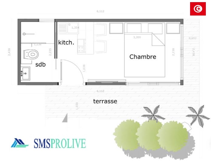 Plan d 'un studio 55 M2 par conteneur en Tunsisie SMSPROLIVE